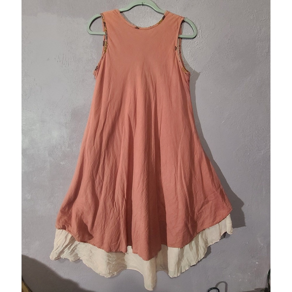 Fairycore Midi Dress Women Coral Pink Floral Trim Layered Boho Pockets Large - Picture 6 of 12
